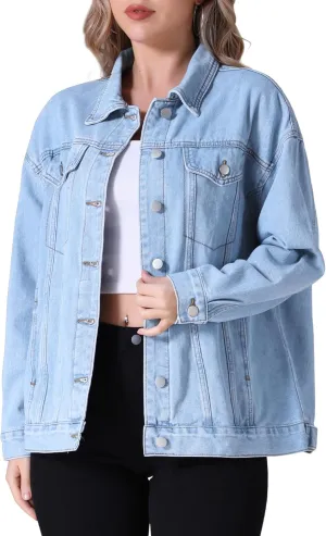 Women's Denim Jackets Casual Oversized Pockets Long Sleeve Trendy Shacket Plus Size Jean Jacket