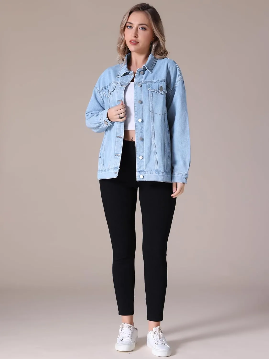 Women's Denim Jackets Casual Oversized Pockets Long Sleeve Trendy Shacket Plus Size Jean Jacket