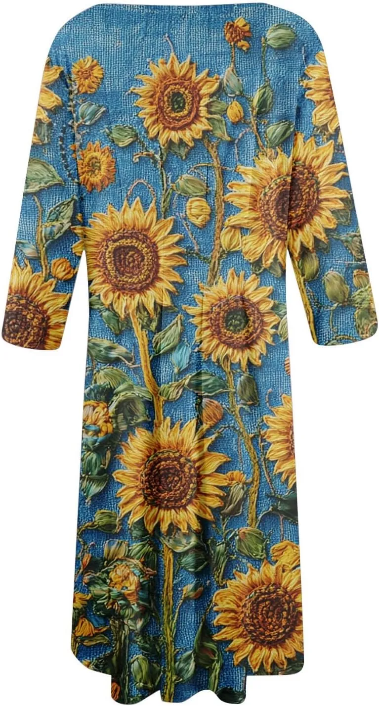 Womens Dresses Casual Spring 3/4 Sleeve A Line Dress Floral Print Midi Dress Summer Pleated Dress with Pocket