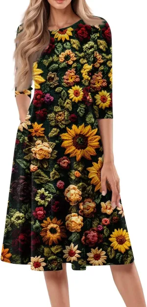 Womens Dresses Casual Spring 3/4 Sleeve A Line Dress Floral Print Midi Dress Summer Pleated Dress with Pocket