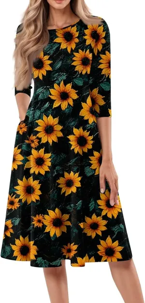 Womens Dresses Casual Spring 3/4 Sleeve A Line Dress Floral Print Midi Dress Summer Pleated Dress with Pocket