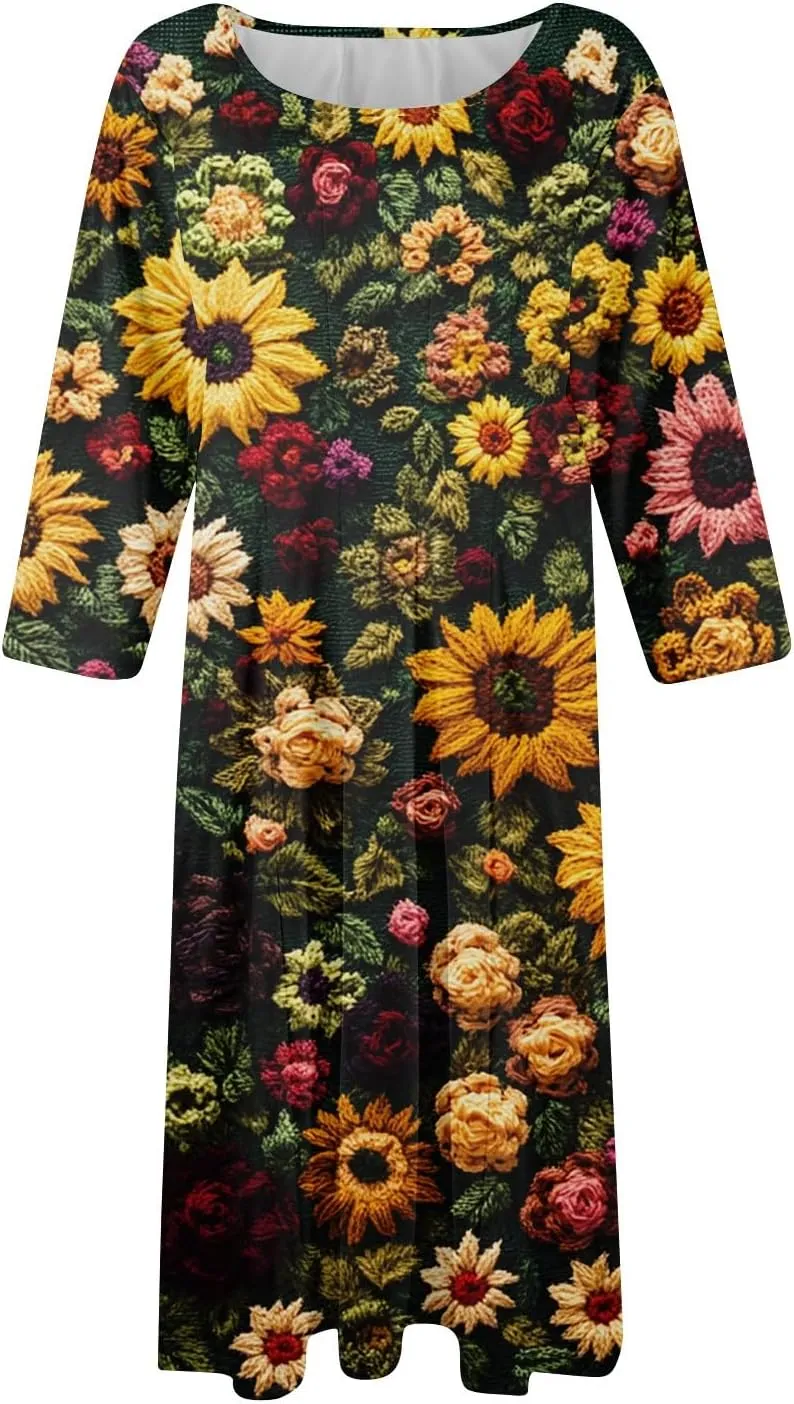 Womens Dresses Casual Spring 3/4 Sleeve A Line Dress Floral Print Midi Dress Summer Pleated Dress with Pocket