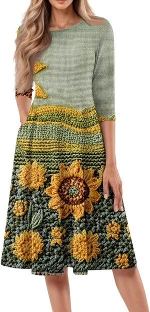 Womens Dresses Casual Spring 3/4 Sleeve A Line Dress Floral Print Midi Dress Summer Pleated Dress with Pocket