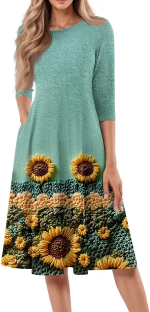 Womens Dresses Casual Spring 3/4 Sleeve A Line Dress Floral Print Midi Dress Summer Pleated Dress with Pocket