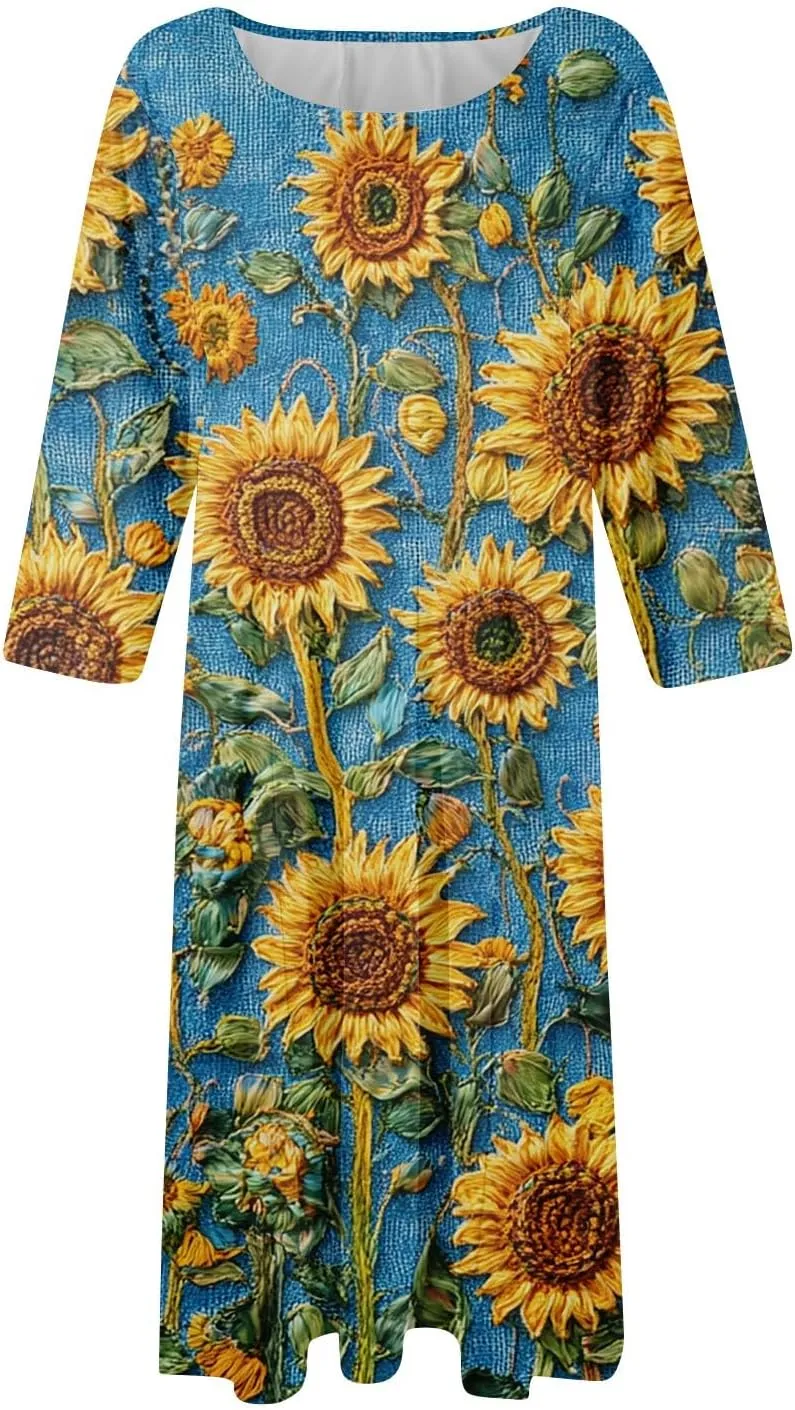 Womens Dresses Casual Spring 3/4 Sleeve A Line Dress Floral Print Midi Dress Summer Pleated Dress with Pocket