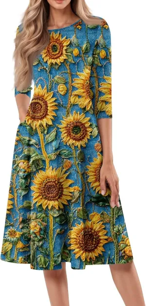 Womens Dresses Casual Spring 3/4 Sleeve A Line Dress Floral Print Midi Dress Summer Pleated Dress with Pocket