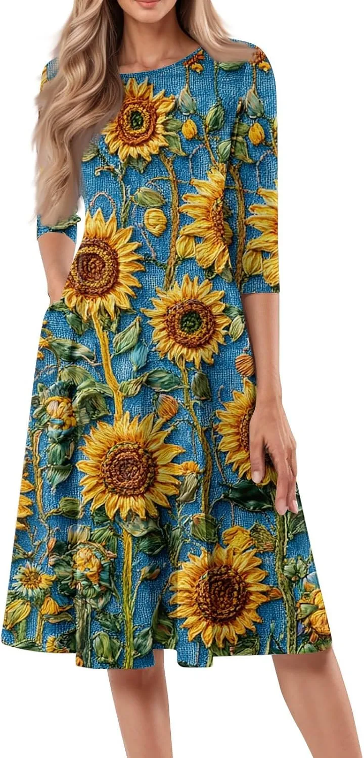 Womens Dresses Casual Spring 3/4 Sleeve A Line Dress Floral Print Midi Dress Summer Pleated Dress with Pocket