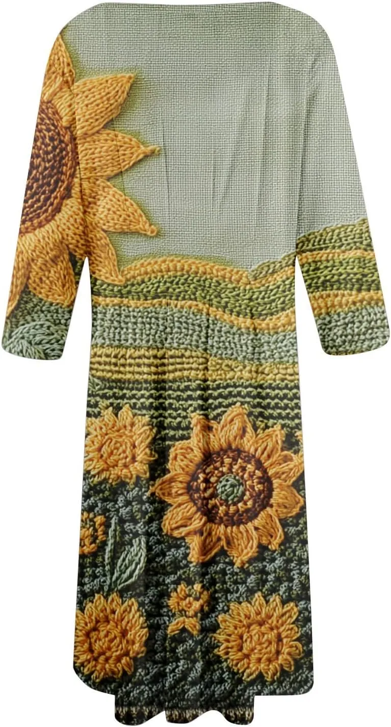 Womens Dresses Casual Spring 3/4 Sleeve A Line Dress Floral Print Midi Dress Summer Pleated Dress with Pocket