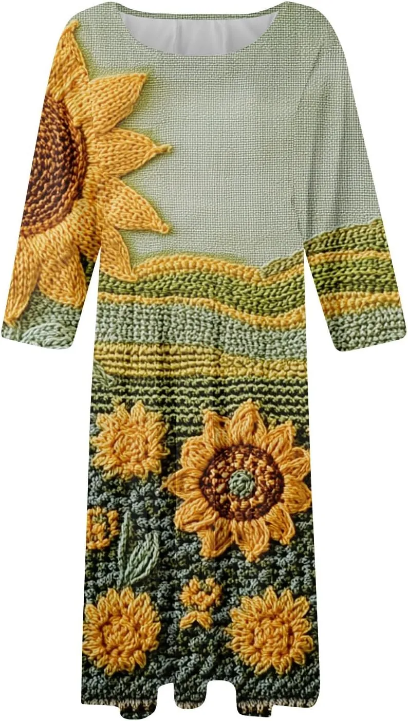 Womens Dresses Casual Spring 3/4 Sleeve A Line Dress Floral Print Midi Dress Summer Pleated Dress with Pocket