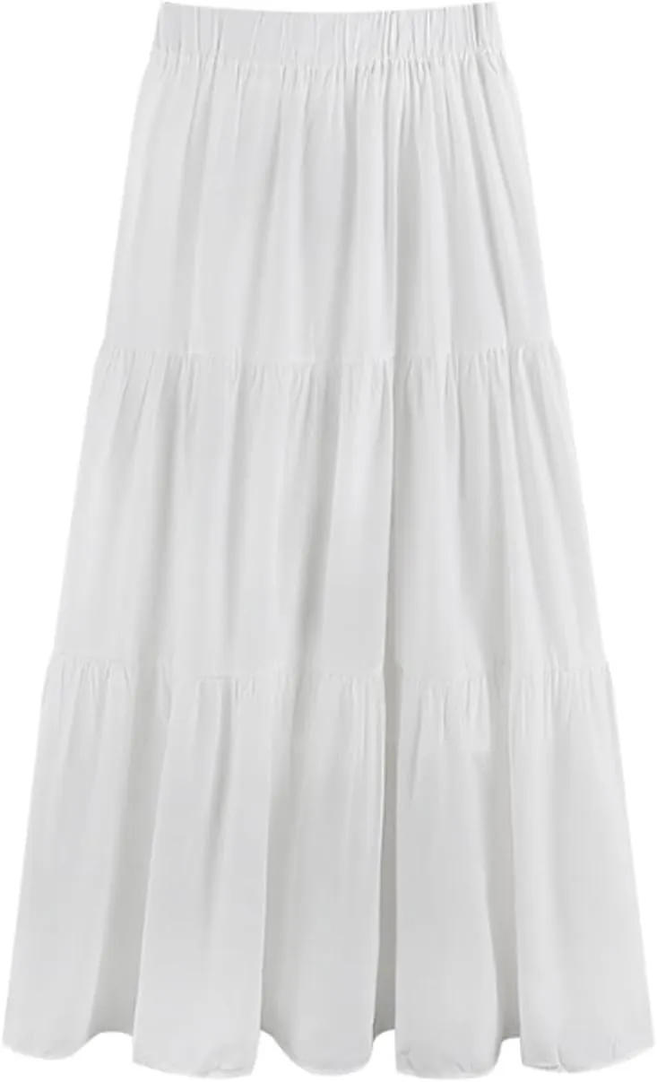 Women's Elastic High Waist Pleated A Line Tiered Midi Dress Summer Spring Boho Solid Flowy Swing Flared Long Skirt, X-Large, White