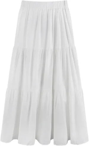 Women's Elastic High Waist Pleated A Line Tiered Midi Dress Summer Spring Boho Solid Flowy Swing Flared Long Skirt, X-Large, White