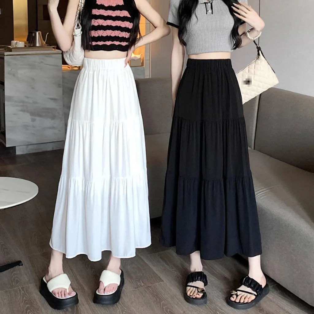 Women's Elastic High Waist Pleated A Line Tiered Midi Dress Summer Spring Boho Solid Flowy Swing Flared Long Skirt, X-Large, White