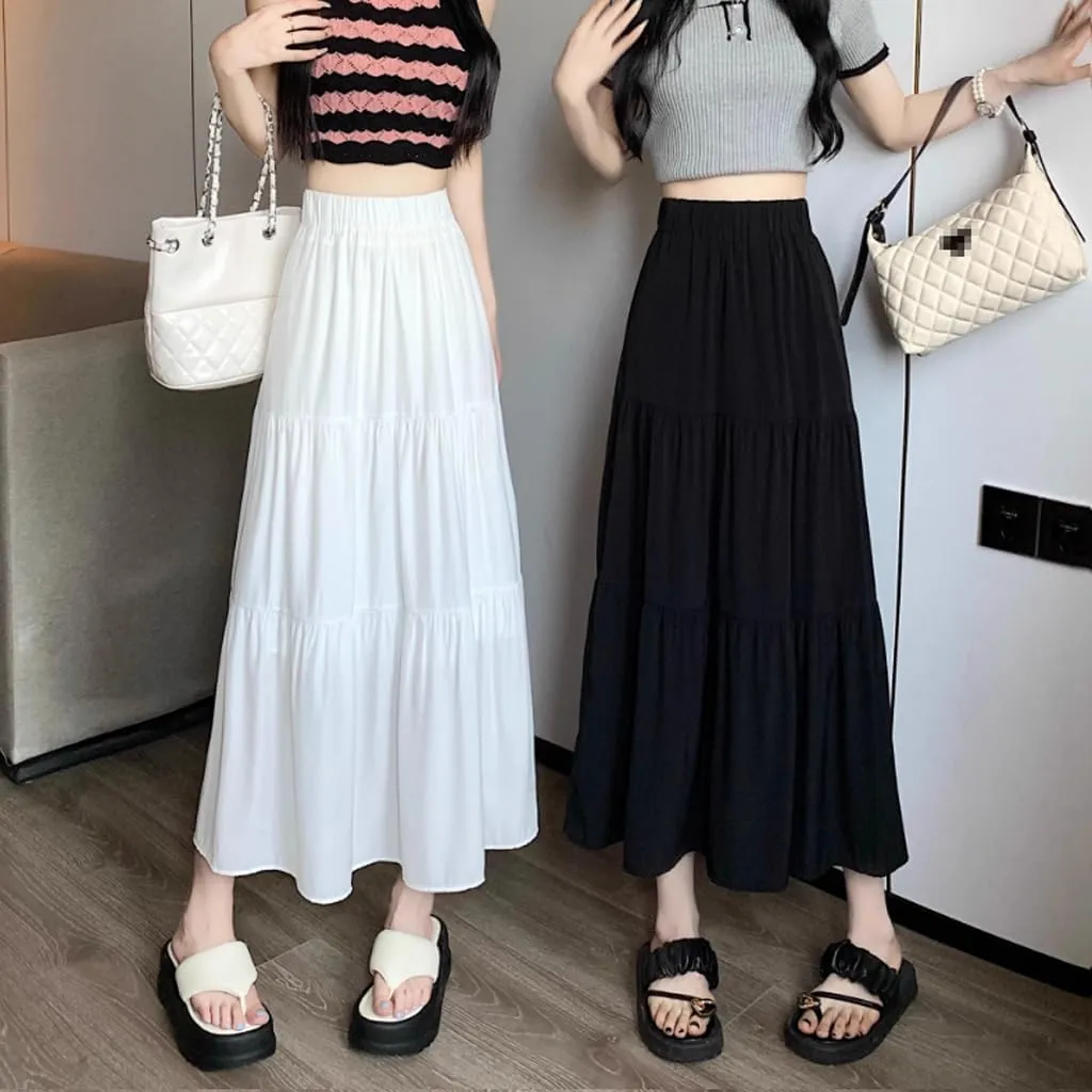 Women's Elastic High Waist Pleated A Line Tiered Midi Dress Summer Spring Boho Solid Flowy Swing Flared Long Skirt, X-Large, White
