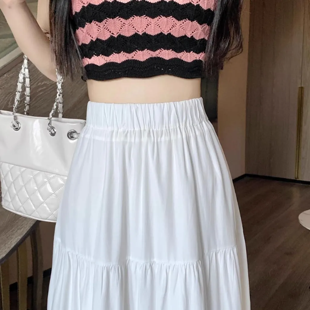 Women's Elastic High Waist Pleated A Line Tiered Midi Dress Summer Spring Boho Solid Flowy Swing Flared Long Skirt, X-Large, White