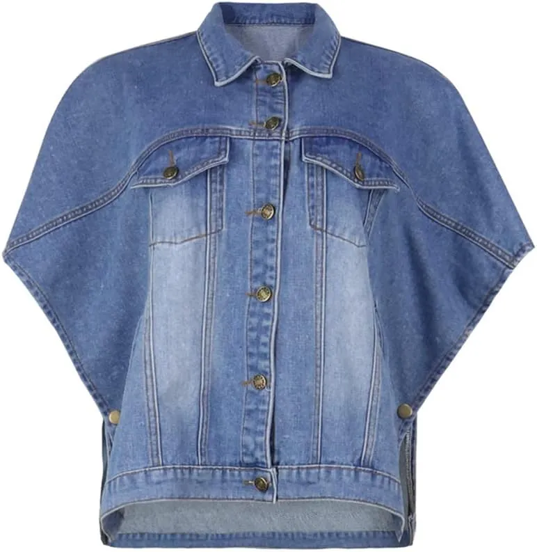 Women's Fashion Loose Jean Cape Cloak Coat Washed Destroyed Denim Jackets Poncho