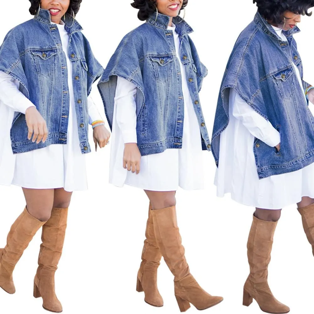Women's Fashion Loose Jean Cape Cloak Coat Washed Destroyed Denim Jackets Poncho