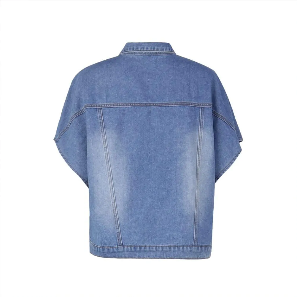 Women's Fashion Loose Jean Cape Cloak Coat Washed Destroyed Denim Jackets Poncho
