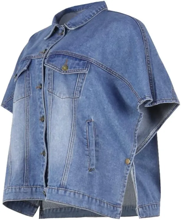 Women's Fashion Loose Jean Cape Cloak Coat Washed Destroyed Denim Jackets Poncho