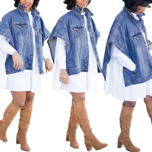 Women's Fashion Loose Jean Cape Cloak Coat Washed Destroyed Denim Jackets Poncho