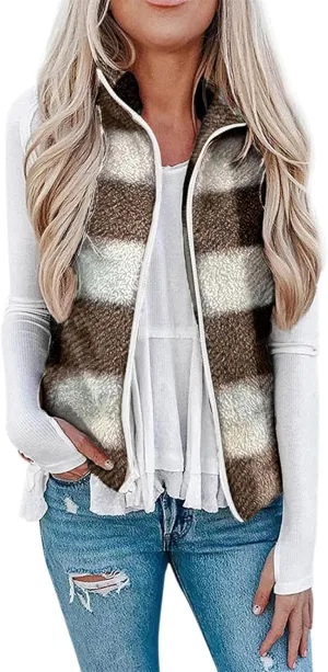 Womens Fleece Vest Lightweight Sleeveless Sherpa Jackets Casual Warm Zipper Vest Winter Outerwear with Pockets
