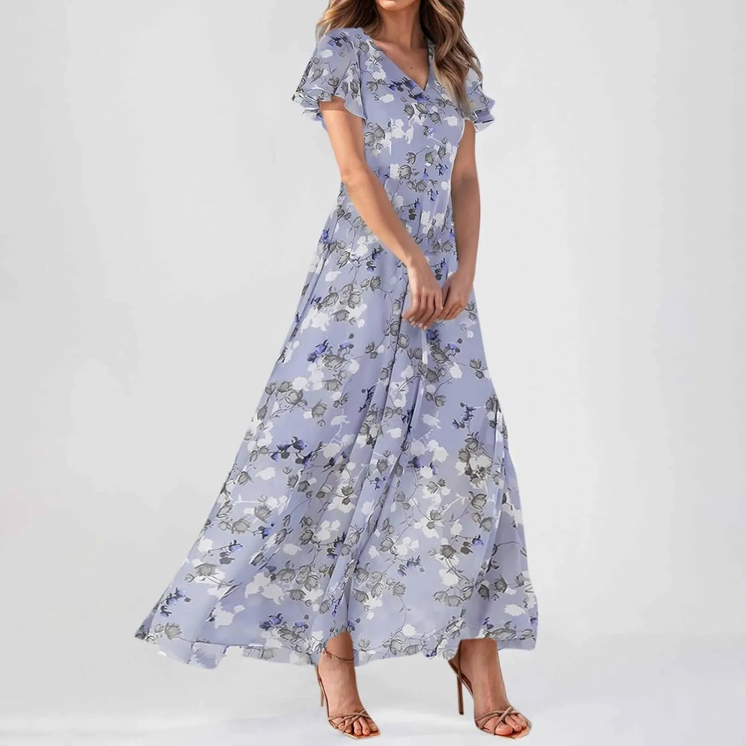 Womens Floral Maxi Dresses Casual Summer Ruffle Sleeve V Neck Dress Trendy Flowy Wrap Long Dress Chiffon Beach Dresses