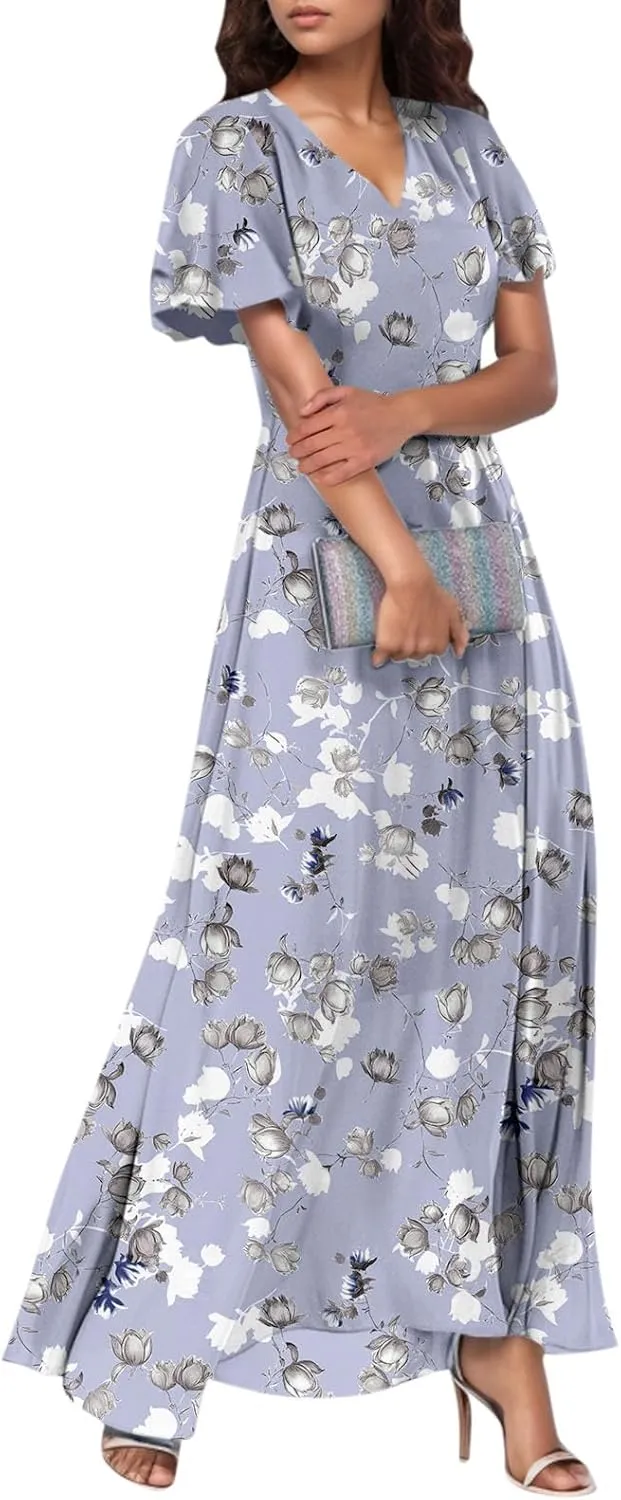 Womens Floral Maxi Dresses Casual Summer Ruffle Sleeve V Neck Dress Trendy Flowy Wrap Long Dress Chiffon Beach Dresses