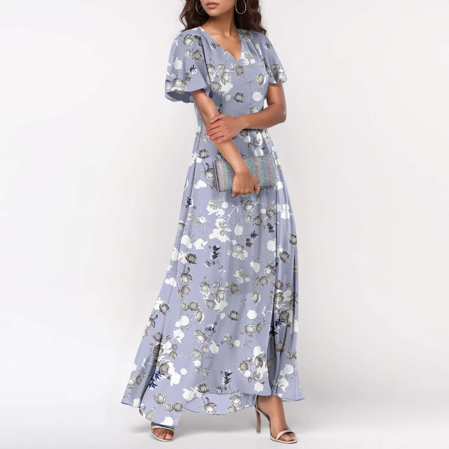 Womens Floral Maxi Dresses Casual Summer Ruffle Sleeve V Neck Dress Trendy Flowy Wrap Long Dress Chiffon Beach Dresses