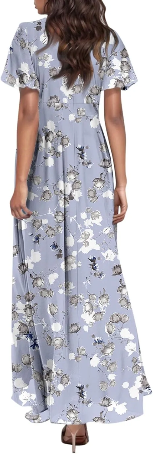 Womens Floral Maxi Dresses Casual Summer Ruffle Sleeve V Neck Dress Trendy Flowy Wrap Long Dress Chiffon Beach Dresses