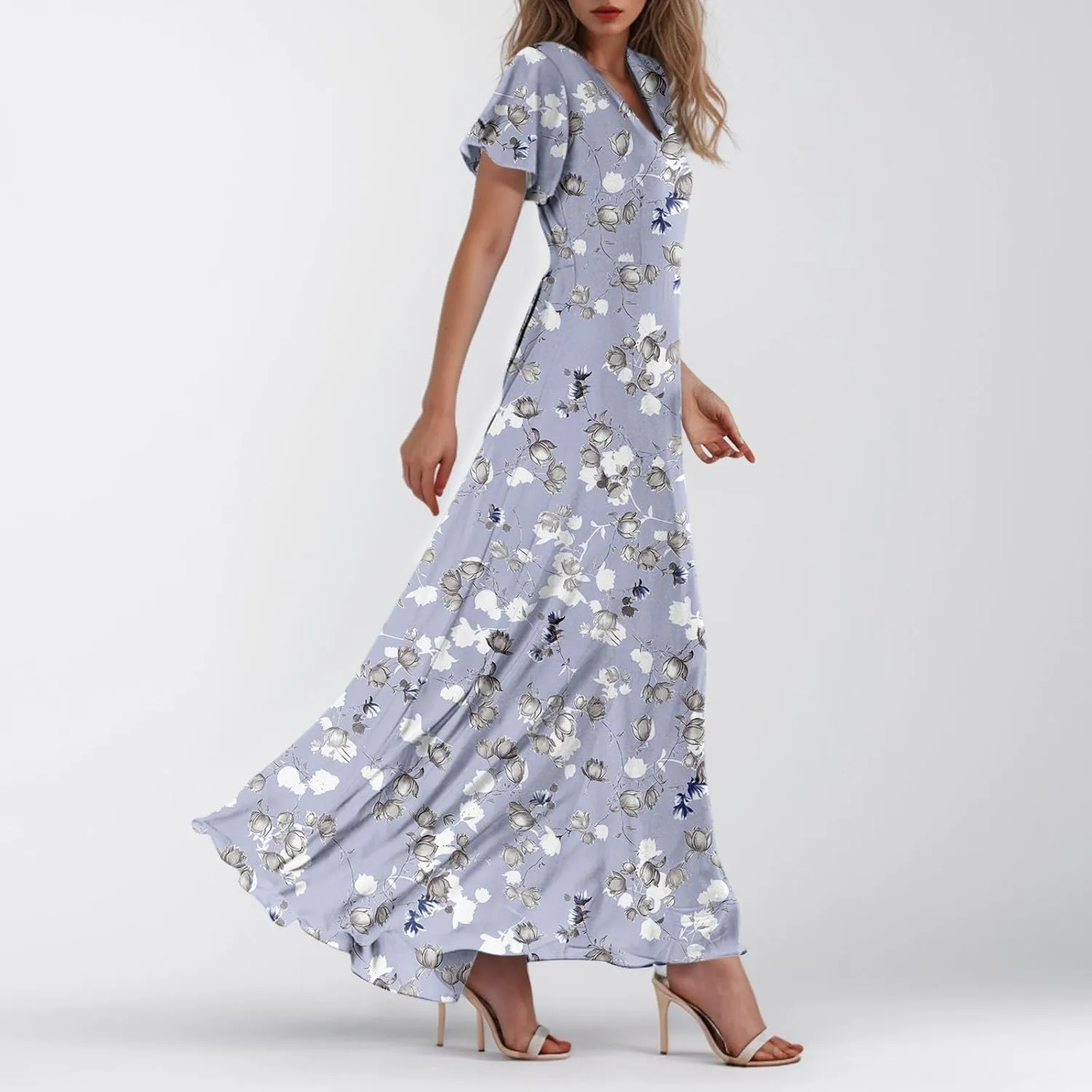 Womens Floral Maxi Dresses Casual Summer Ruffle Sleeve V Neck Dress Trendy Flowy Wrap Long Dress Chiffon Beach Dresses