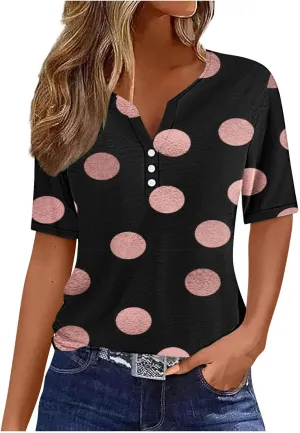 Women's Graphic t Shirts Short Sleeve Henley V Neck Boho Floral Tops Dressy Casual Blouses Trendy 2024 Summer