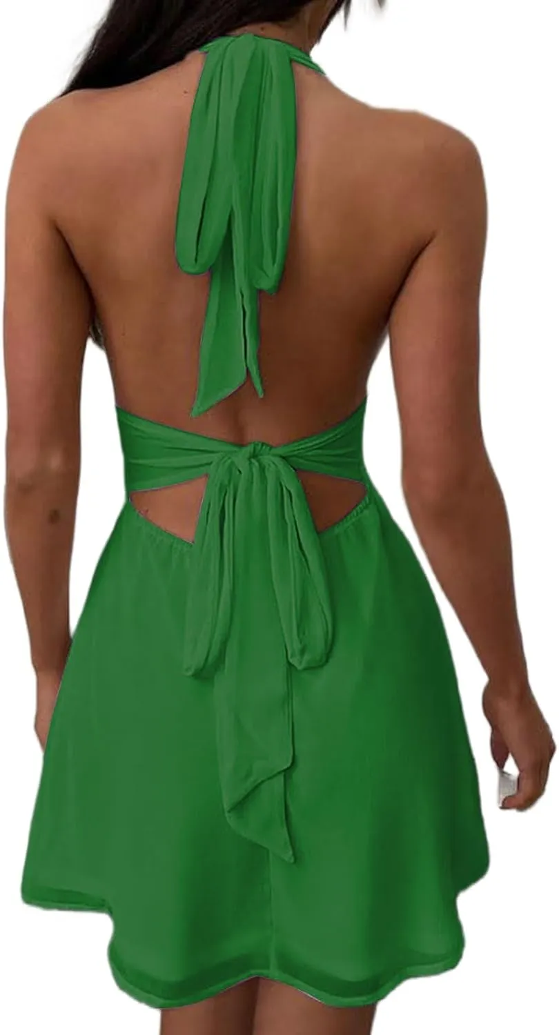Women's Halter Deep V Neck Summer Mini Dress Sexy Flowy Chiffon Bow Tie Backless Bodycon Party Dresses