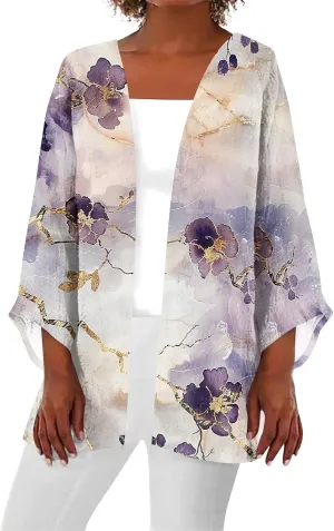 Womens Hawaiian Boho Lightweight Jackets Floral Print Puff Sleeve Kimono Cardigan Loose Cover Up Casual Blouse Top