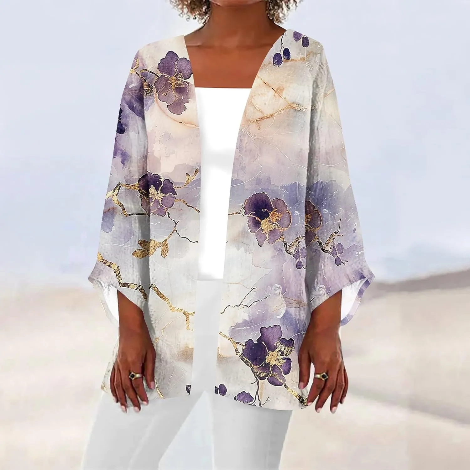 Womens Hawaiian Boho Lightweight Jackets Floral Print Puff Sleeve Kimono Cardigan Loose Cover Up Casual Blouse Top