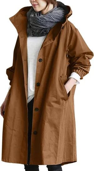 Womens Hooded Trench Coat Winter Lightweight Waterproof Rain Jacket Outdoor Button Down Oversized Windbreaker Outwear