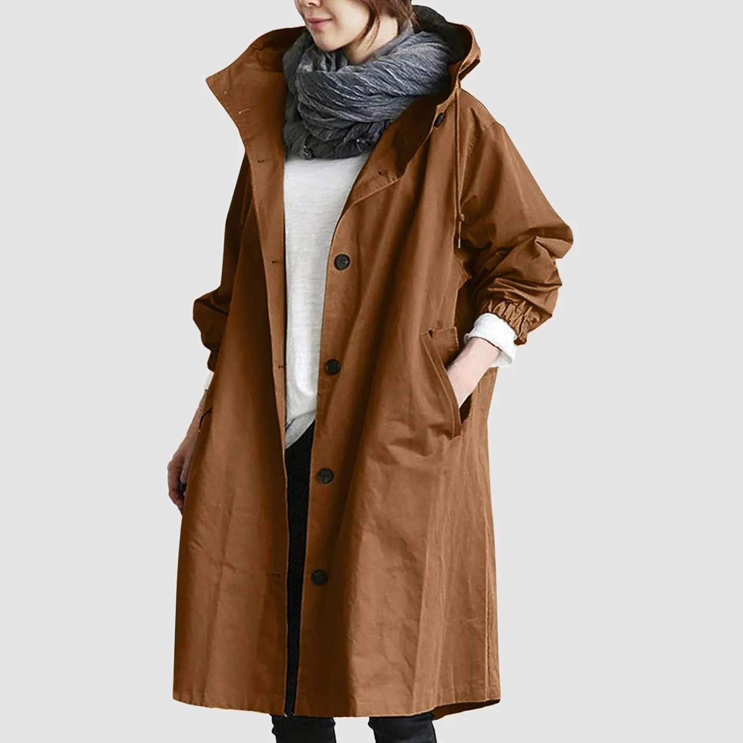 Womens Hooded Trench Coat Winter Lightweight Waterproof Rain Jacket Outdoor Button Down Oversized Windbreaker Outwear