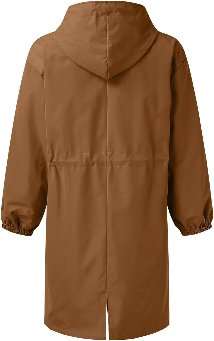 Womens Hooded Trench Coat Winter Lightweight Waterproof Rain Jacket Outdoor Button Down Oversized Windbreaker Outwear
