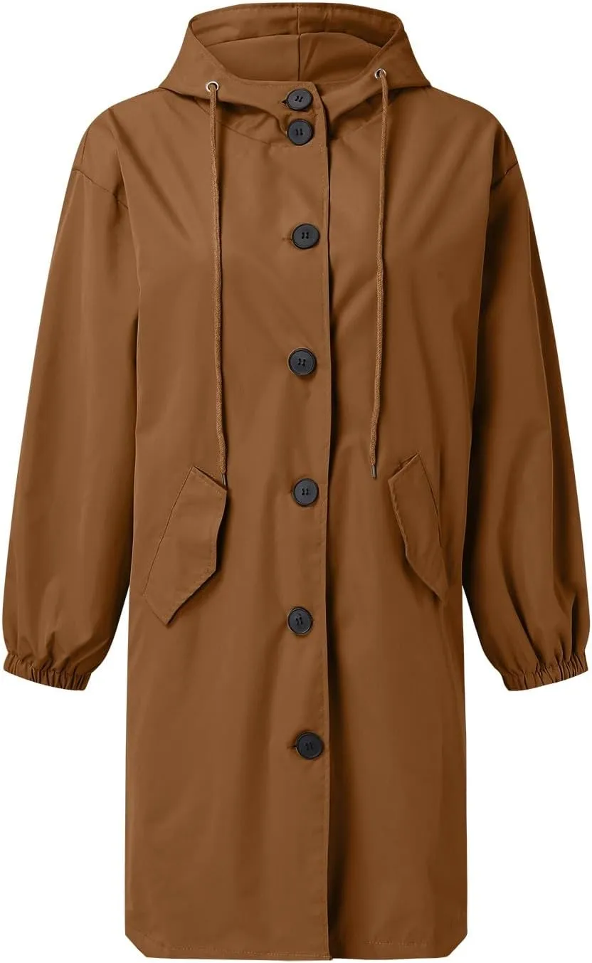 Womens Hooded Trench Coat Winter Lightweight Waterproof Rain Jacket Outdoor Button Down Oversized Windbreaker Outwear