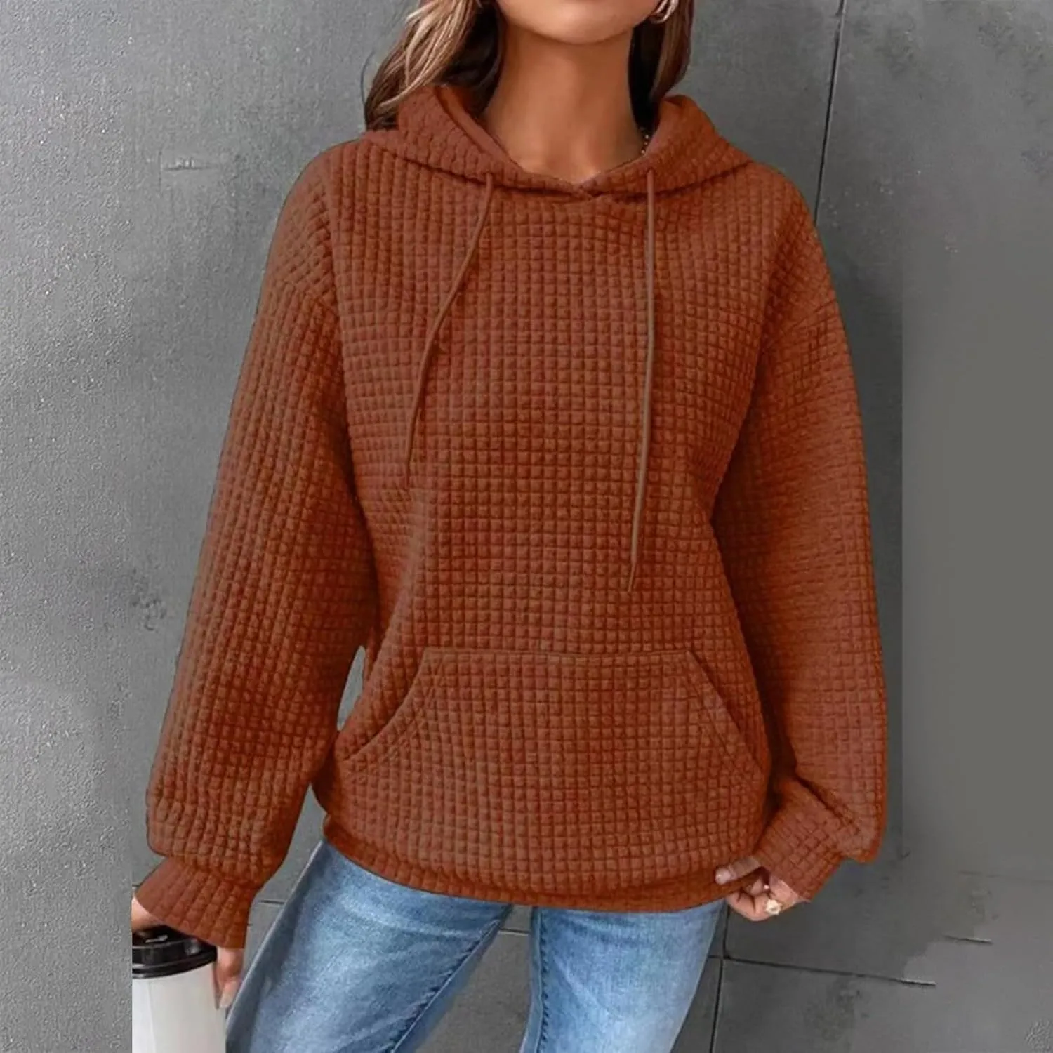 Womens Hoodies Fall Winter Waffle Knit Drawstring Cute Sweatshirts with Pocket Trendy Pullover