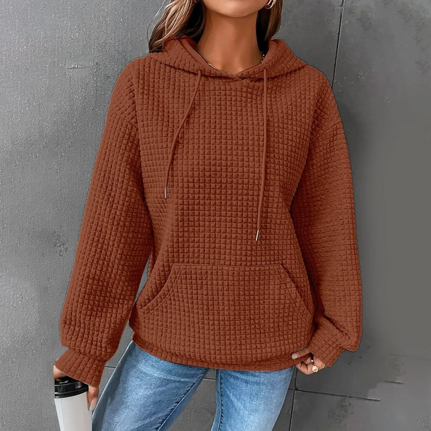 Womens Hoodies Fall Winter Waffle Knit Drawstring Cute Sweatshirts with Pocket Trendy Pullover