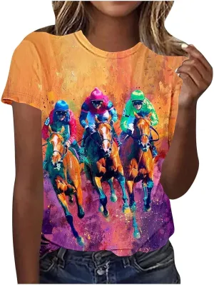 Womens Horse Racing Tops Short Sleeve Vintage Shirts Summer Funny Graphic Print Tee Blouses Holiday Workout Clothes