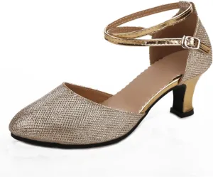Women's Latin Dance Shoes Ballroom Standard Mid-Heeled Synthetic Leather Soft Sole Closed Toe Non-Slip Dancing Shoes