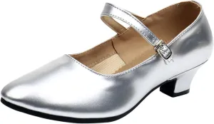 Women's Latin Dance Shoes Performance Ballroom Standard Adult Low-Heeled Synthetic Leather Non-Slip Soft Sole Closed Toe Dancing Shoes