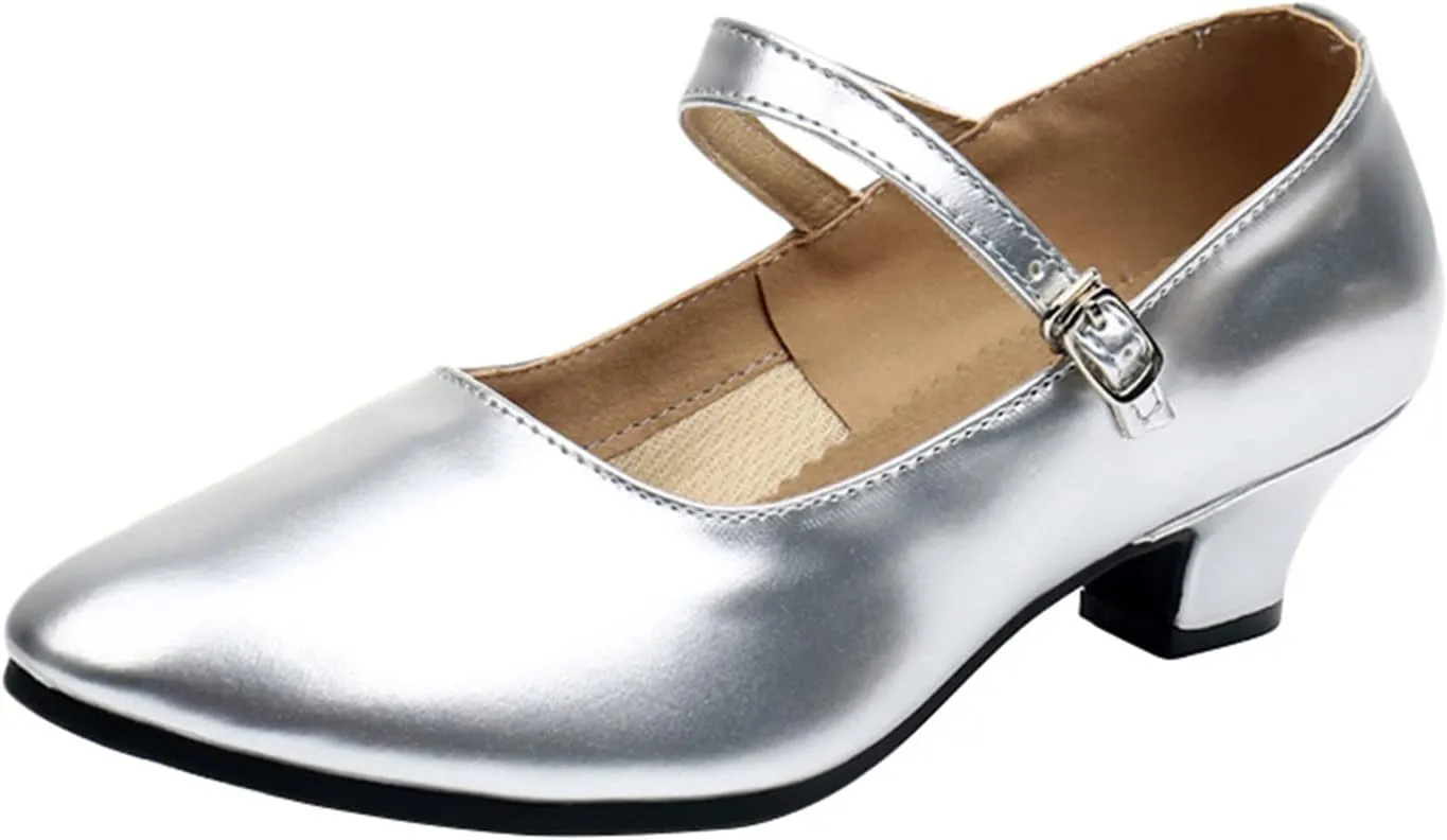 Women's Latin Dance Shoes Performance Ballroom Standard Adult Low-Heeled Synthetic Leather Non-Slip Soft Sole Closed Toe Dancing Shoes
