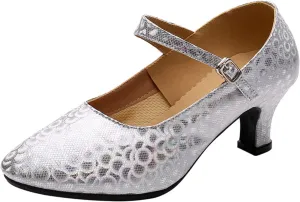 Women's Latin Dance Shoes Performance Ballroom Standard Adult Mid-Heeled Beef Tendon Soft Bottom Closed Toe Dancing Shoes