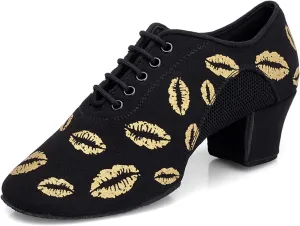 Women's Latin Dance Shoes Performance Ballroom Standard Adult Mid-Heeled Oxford Cloth Soft Sole Closed Toe Dancing Shoes