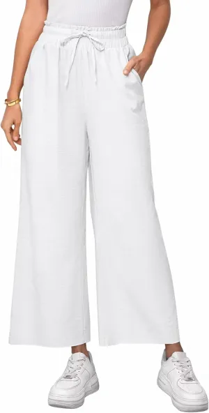 Women's Linen Pants Relaxed Fit High Waisted Boho Chic Ankle Pants Summer Beach Vacation Wide Leg Trousers