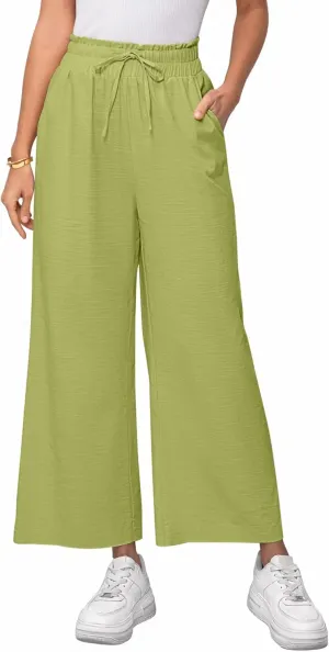 Women's Linen Pants Relaxed Fit High Waisted Boho Chic Ankle Pants Summer Beach Vacation Wide Leg Trousers