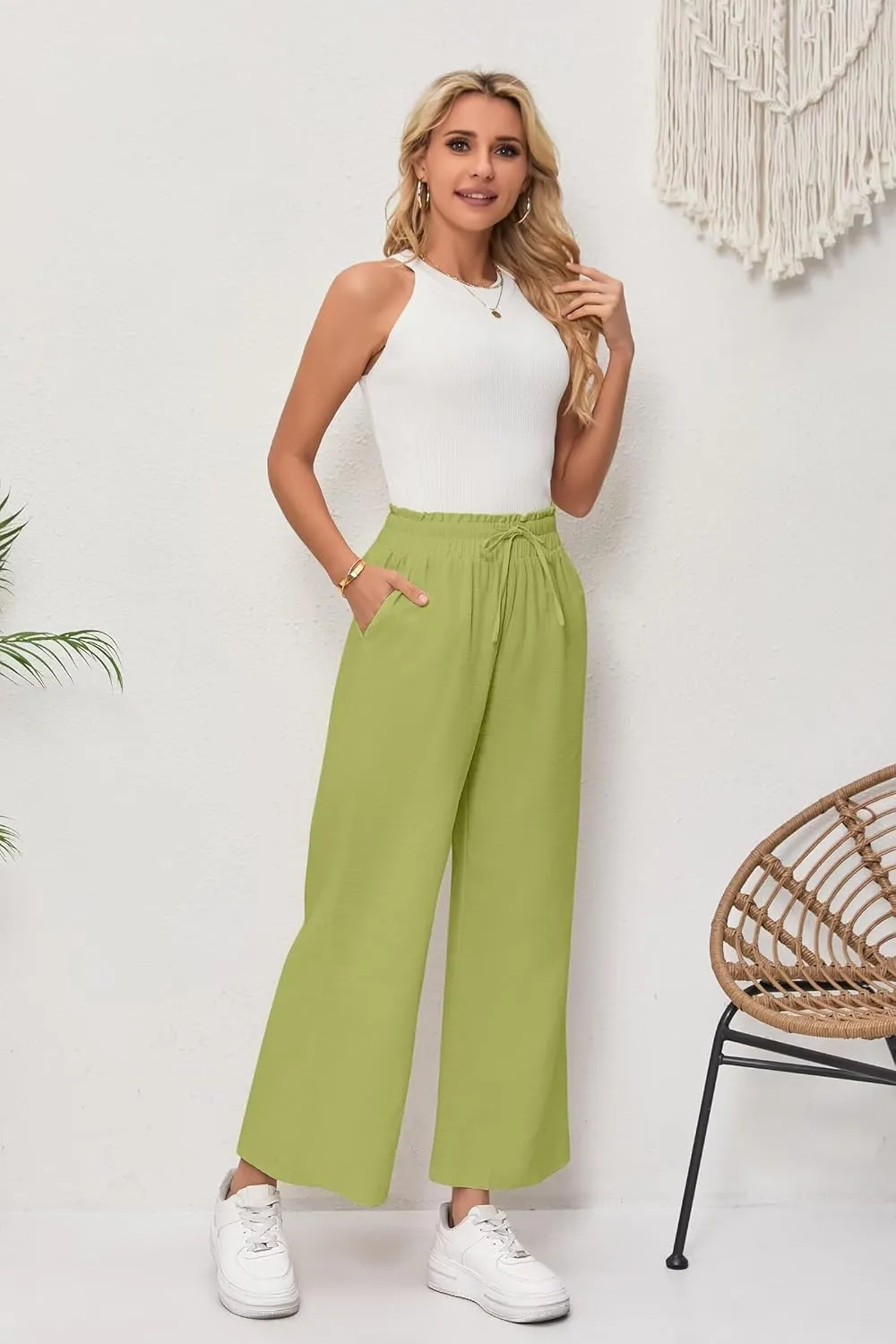 Women's Linen Pants Relaxed Fit High Waisted Boho Chic Ankle Pants Summer Beach Vacation Wide Leg Trousers