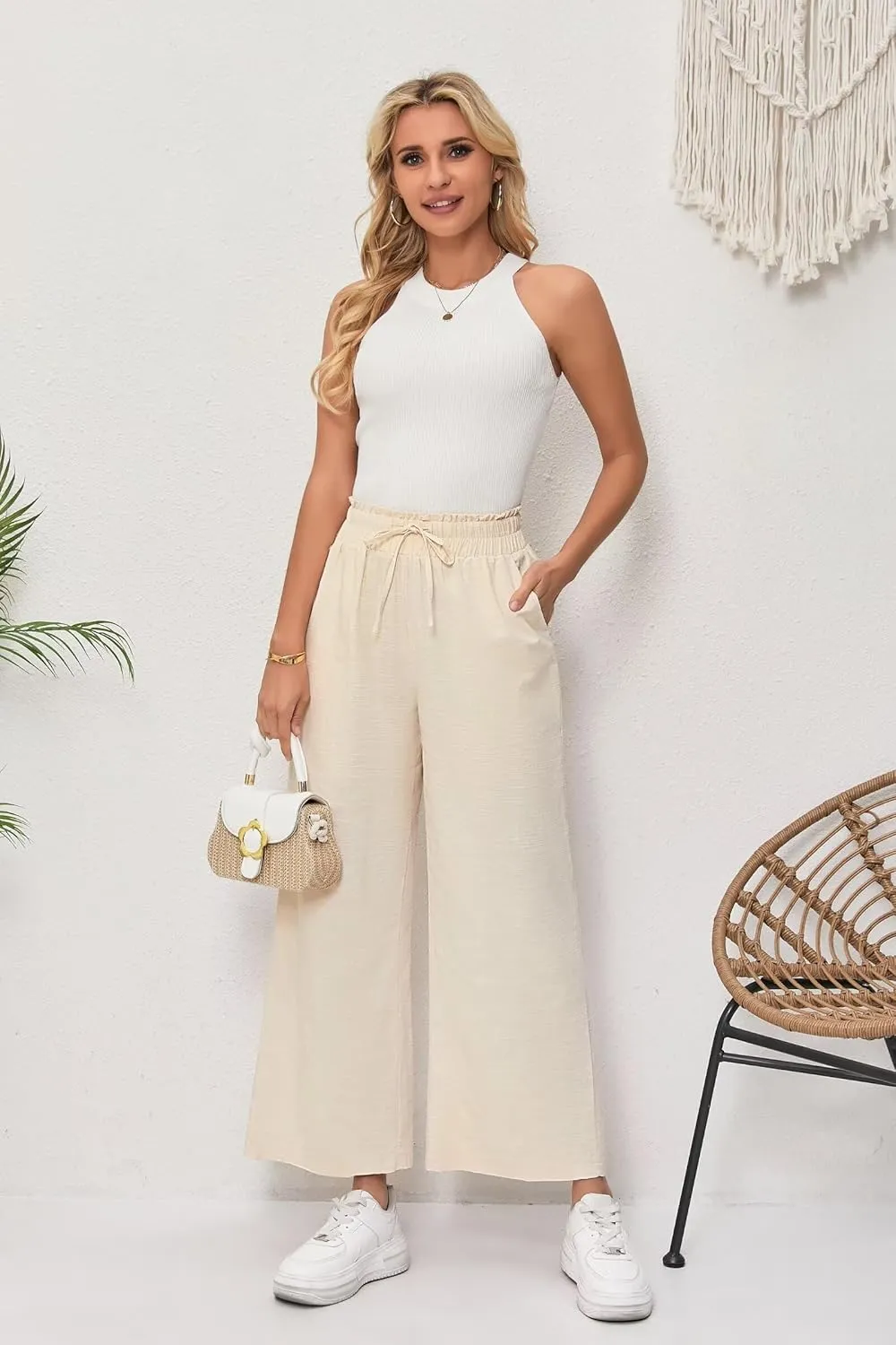 Women's Linen Pants Relaxed Fit High Waisted Boho Chic Ankle Pants Summer Beach Vacation Wide Leg Trousers