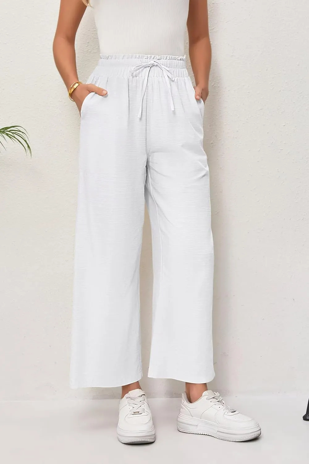 Women's Linen Pants Relaxed Fit High Waisted Boho Chic Ankle Pants Summer Beach Vacation Wide Leg Trousers